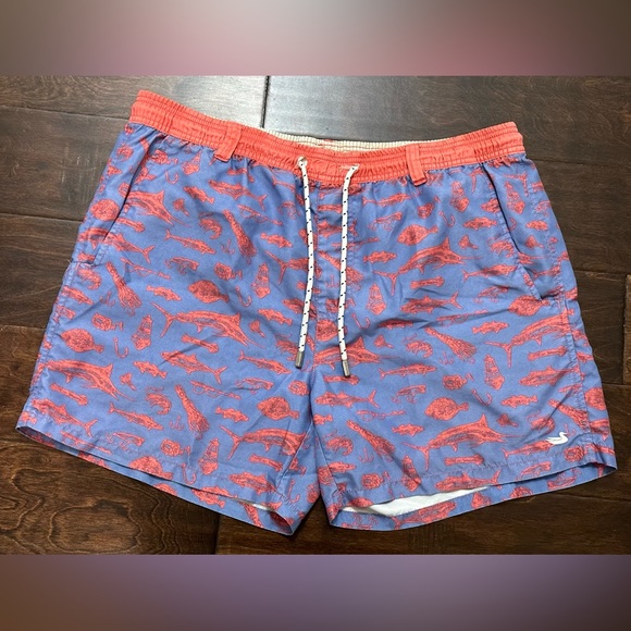Men’s Southern Marsh Fishing Logo Blue/Red Lined Trunks Swim Shorts- Large - Picture 1 of 16